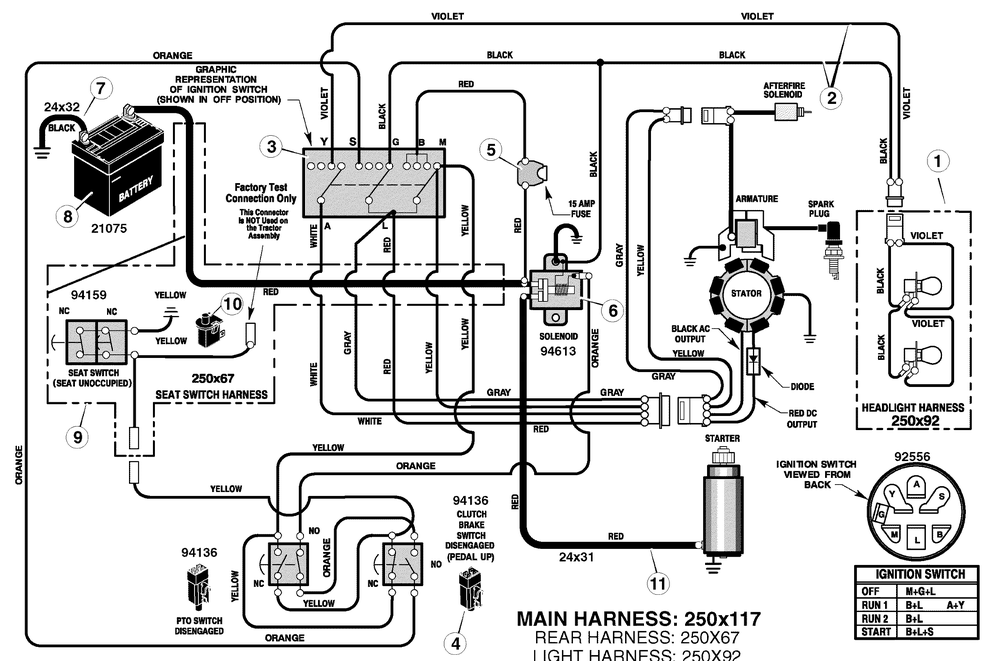 Electrical System Diagram and Parts List for 405000X8D 2004 Briggs and Stratton Lawn Tractor